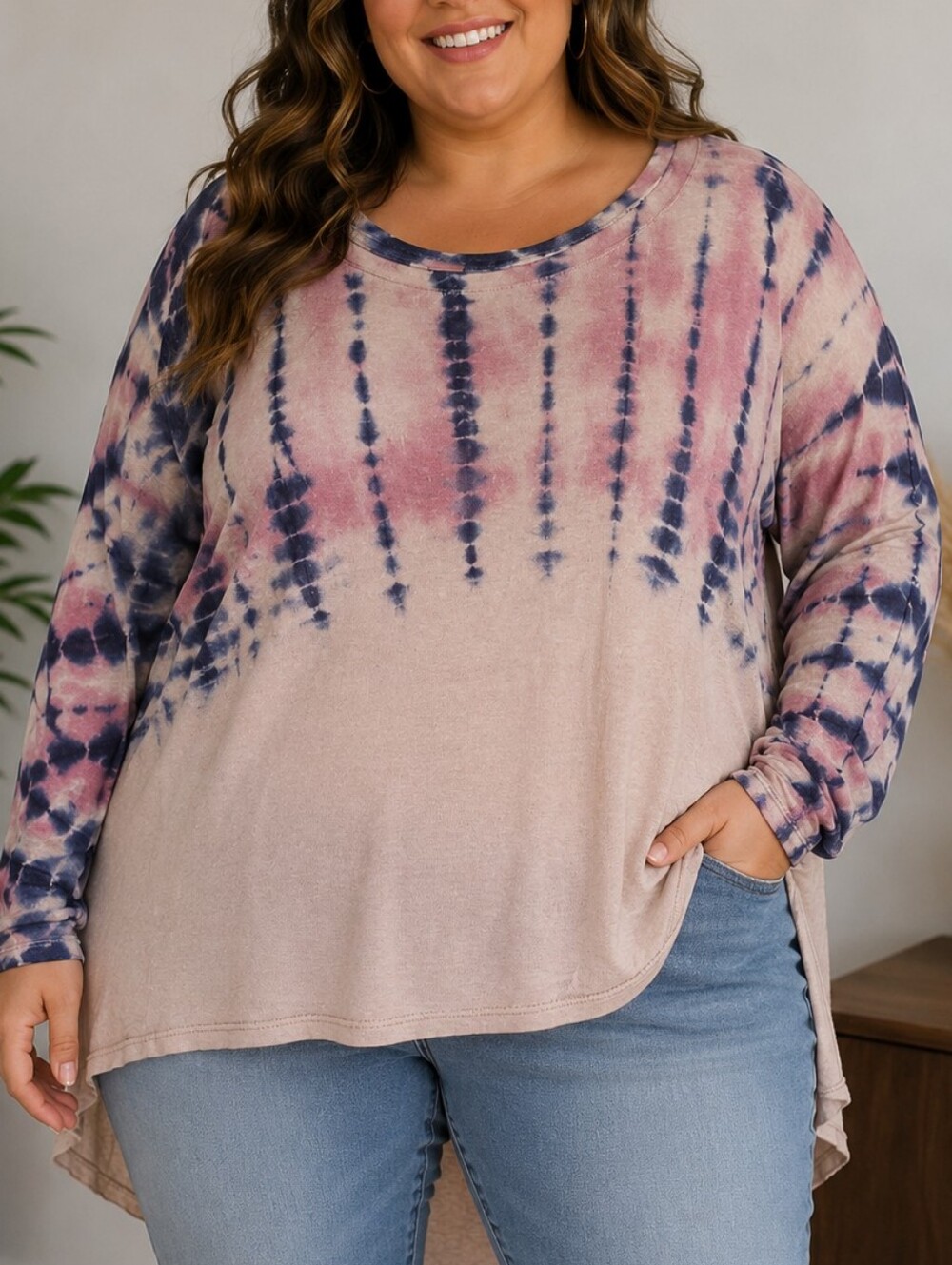 Women's Tie-Dye Long Sleeve Top - Pink & Navy